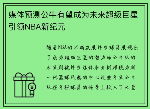 媒体预测公牛有望成为未来超级巨星引领NBA新纪元